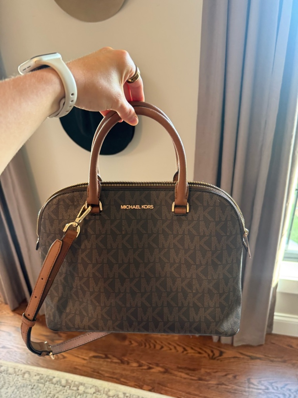 Michael Kors Brown Logo Dome Satchel with Tan Handles